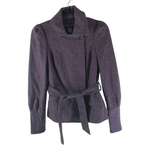 French Connection Purple Wool-Blend Belted Womens Peacoat Jacket Puff Sleeve 4 - Picture 1 of 5